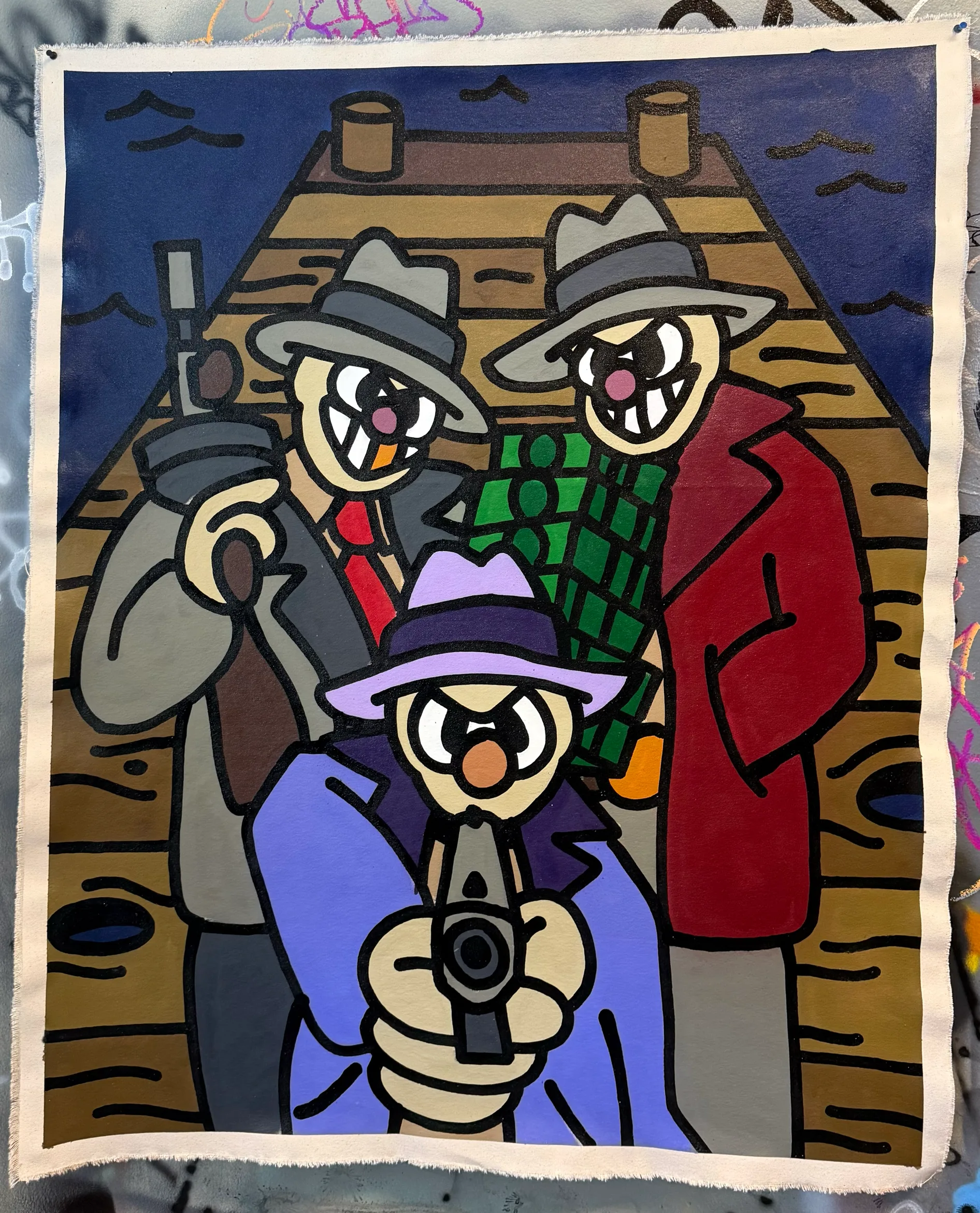 Canvas painting, three characters in hats on a dock at night